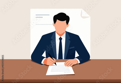 Illustration of a faceless man in a suit signing a document at a desk with an angled white paper