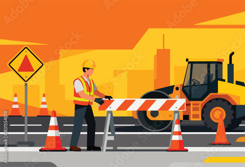A worker in high-vis attire is on road construction with machinery and orange traffic cones. A city skyline is visible