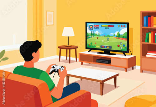 A person plays a video game on a TV in a living room, holding a controller. The scene depicts a football game