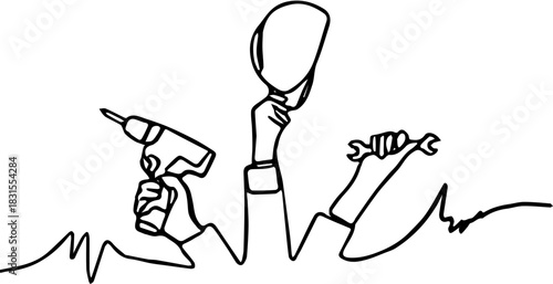 Continuous line drawing of tools raised for repair work
