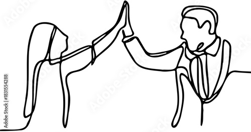 Continuous line drawing of colleagues giving a high five
