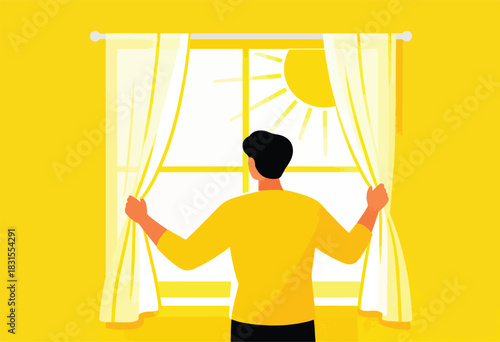 Illustration of a person opening curtains to view a bright sun, depicted in a minimalist style