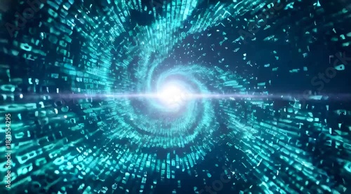 Abstract digital vortex with binary code and bright light in the center, representing data flow, animated background video