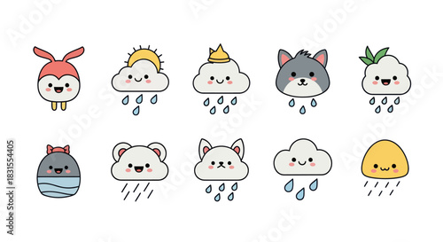 Cartoon weather icons set cloud sun rain animals and smiling faces