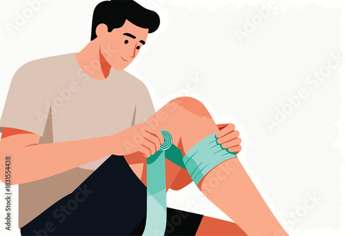 An illustration depicts a person applying athletic tape to their knee. Focus is on injury treatment and support