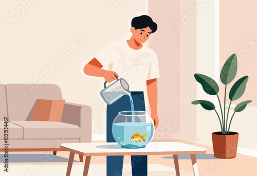 A person in a white shirt and blue pants refills a fishbowl on a table in a home setting