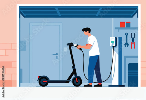 A man plugs an electric scooter in a garage, showcasing modern transport and infrastructure