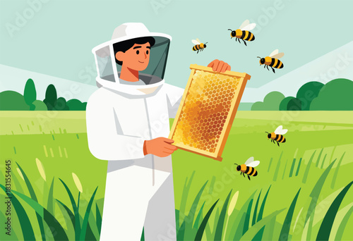 A beekeeper in a protective suit holds a honeycomb, surrounded by buzzing bees, in a green field