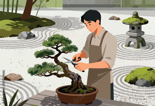 An illustration shows a person pruning a bonsai tree in a serene Japanese garden with stone lantern and raked gravel