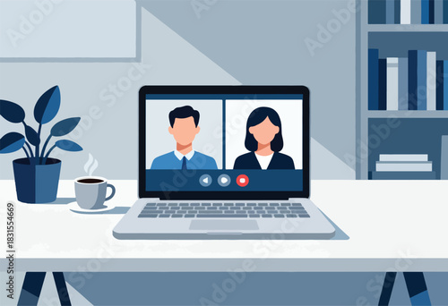 A minimalist illustration of a video call on a laptop on a desk, with coffee and a plant