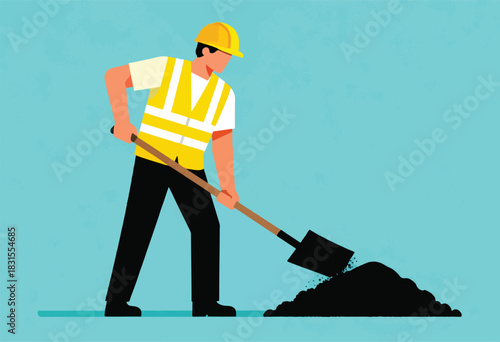Illustration of a construction worker shoveling black earth, wearing a yellow hard hat and vest. Against blue