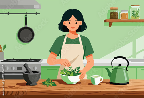 A woman in a kitchen prepares herbs and tea. A stove, mortar, teapot, and jars are present on a wooden counter