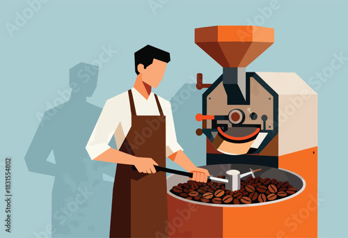 An illustration shows a person in apron stirring coffee beans with a paddle at a roasting machine