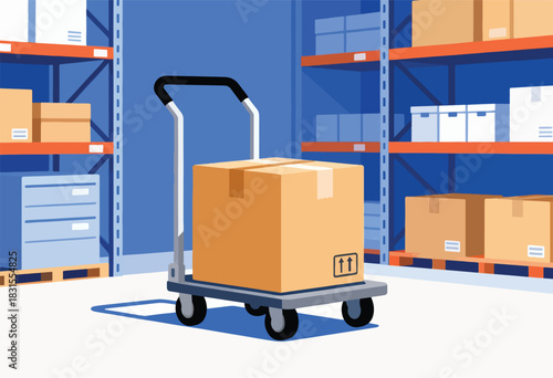 Warehouse scene with a large box on a cart, surrounded by shelves loaded with packages. Minimalist style
