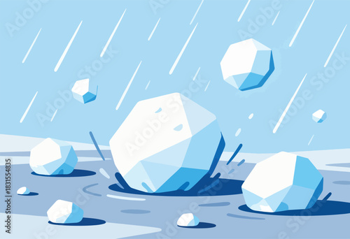 Geometric, polygonal ice/snow blocks splash into a calm, blue surface during a flurry. Falling snow