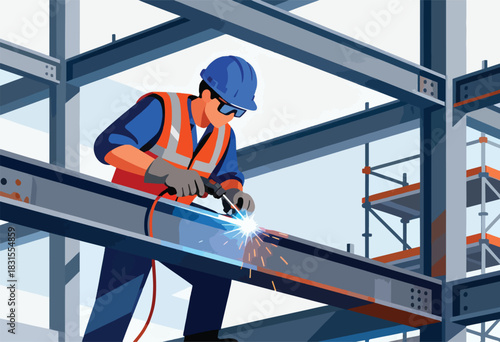A construction worker welds a beam, sparks flying from the process. Steel beams frame the background, with scaffolding visible