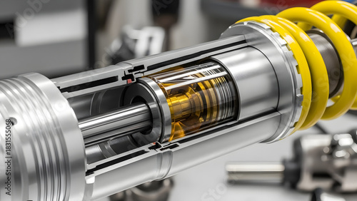 Detailed cutaway view of a high-performance vehicle shock absorber, showcasing its intricate internal components and precision engineering for optimal suspension and damping