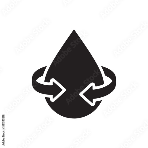 Black solid icon of a water droplet and arrows for water conservation Black solid icon of a water droplet and arrows for water conservation on white back ground.