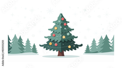 Festive Pine: A meticulously designed illustration showcases a decorated pine tree amidst a snowy landscape, adorned with ornaments and twinkling lights.