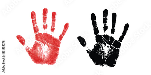 Contrasting red and black handprints on white background, human identity