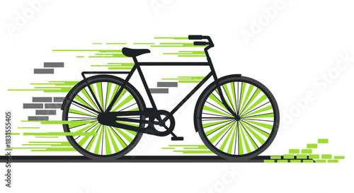 This dynamic vector illustration captures a sleek black bicycle with bright green wheels in swift motion, symbolizing modern, sustainable urban mobility and speed.