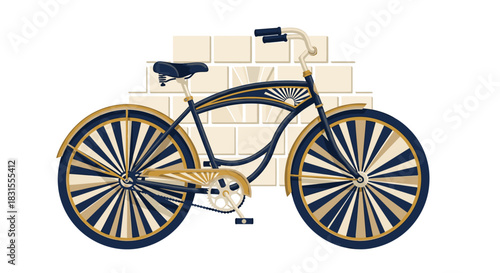 A vintage-style bicycle with dark blue and gold details leans against a brick wall, representing classic transportation and leisurely city rides.