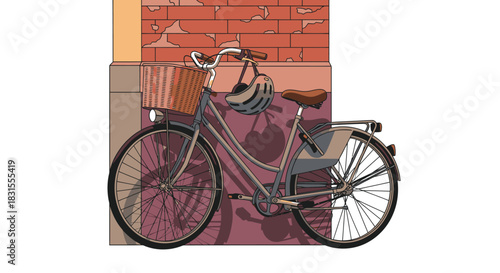 An elegantly illustrated vintage bicycle, featuring a front basket and a safety helmet, leans against a rustic brick wall, symbolizing eco-friendly urban mobility.