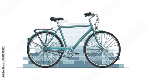 A light blue vintage city bicycle, complete with a rear rack and front light, is illustrated against a blue brick wall, representing sustainable urban transport.