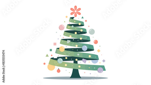 Festive Spiral: A whimsical holiday design presents an abstract Christmas tree made of a continuous spiral, adorned with ornaments and a star, capturing the festive spirit.