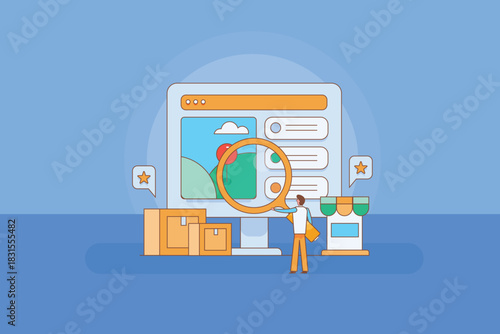 Tiny figure shop owner holding magnifier evaluating store location and information on search engine business listing on digital screen.