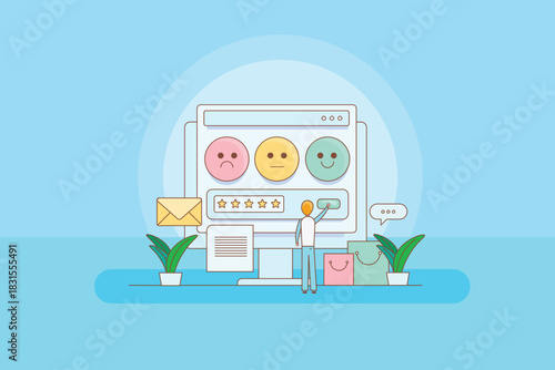 Customer provides feedback by selecting from different smiley facial expression, indicates satisfaction level on digital interface.
