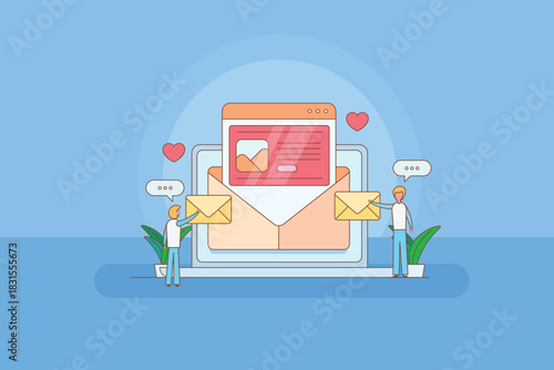 Person send email message and recipient respond, open envelope with newsletter, digital communication workflow line artwork.