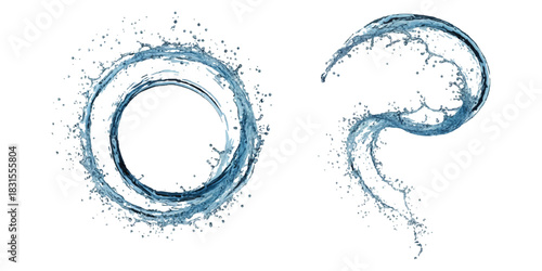 Refreshing blue water splash elements for dynamic liquid design and purity concepts