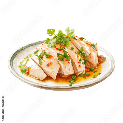 Watercolor Hainanese Chicken Rice vector, artistic painting style, high-resolution illustration on a pure white background.