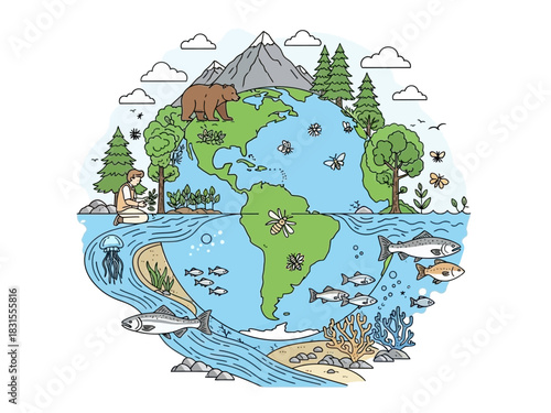 Global Biodiversity and Ecological Balance Vector Illustration for Sustainable Environment and Nature Conservation