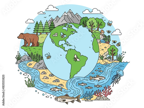 Global Biodiversity and Ecological Balance Vector Illustration for Sustainable Environment and Nature Conservation