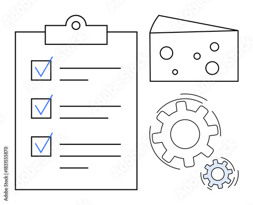Task checklist with marked items, rotating gears, and a wedge of Swiss cheese symbolizing workflow, productivity, problem-solving, system optimization, quality control, and collaboration. Simple flat