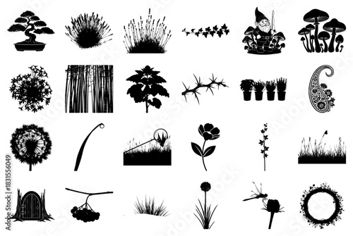 Black Silhouettes of Nature Plants and Fantasy Elements Keywords: bonsai tree, lavender, grass