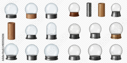 Collection of empty glass snow globes, bell jars, and cylindrical bases with various colored stands on a transparent background.
