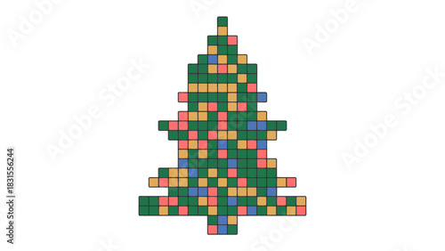 Pixelated Christmas Cheer: A festive pixelated Christmas tree stands tall, adorned with colorful, pixel-perfect ornaments. Evoking the joy and anticipation of the holiday season.