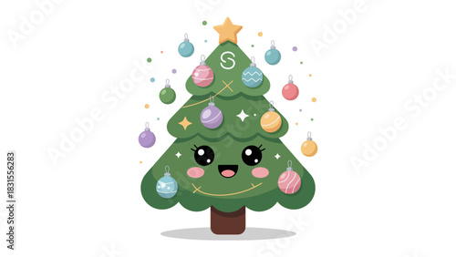 Festive Evergreen: An adorable cartoon christmas tree smiles brightly, adorned with colorful ornaments and a star, capturing the joy of the holiday season. 