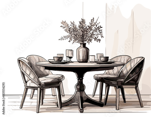 sketch of a dining table with a flower vase, drinking glasses, and drinking cups on the table