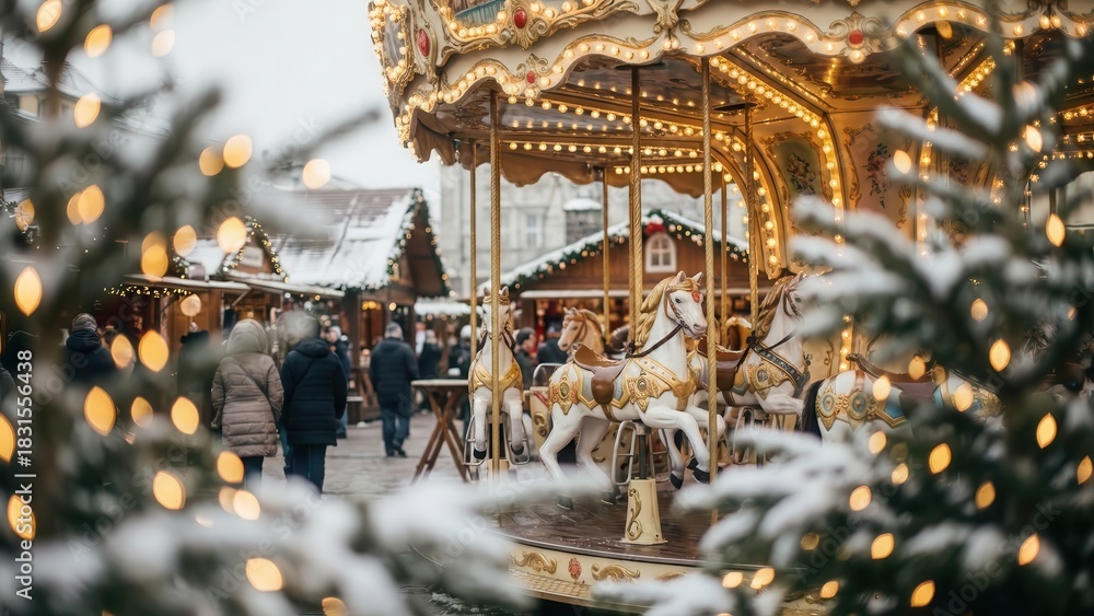 Obraz premium Christmas market with vintage carousel and festive lights in winter 