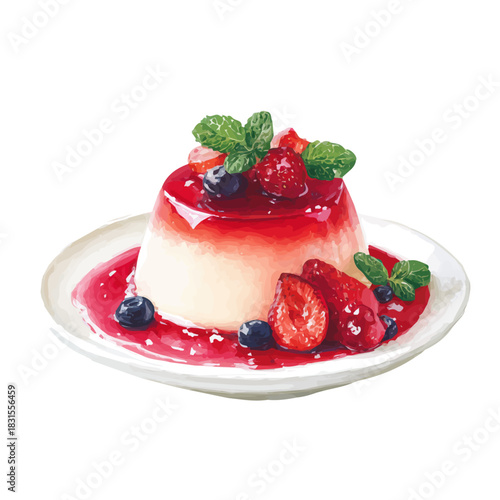Watercolor painting of Panna Cotta, detailed and artistic vector illustration on a white background.