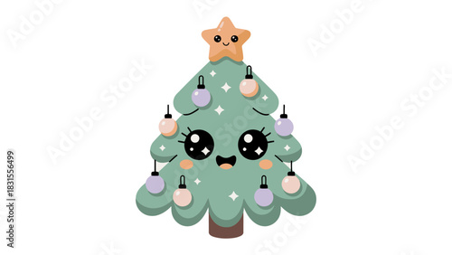 Festive Character: A charming cartoon Christmas tree, adorned with cheerful lights and a star, emanating warmth and the spirit of the season. 