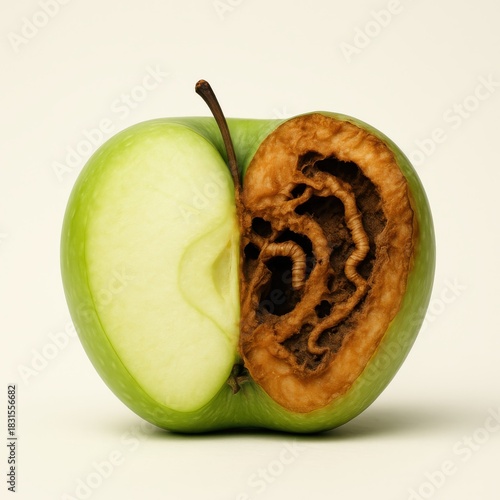 Fresh and Rotten Halves of a Single Green Apple Fruit