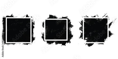 Set of three square frames with artistic black paint brush strokes on white