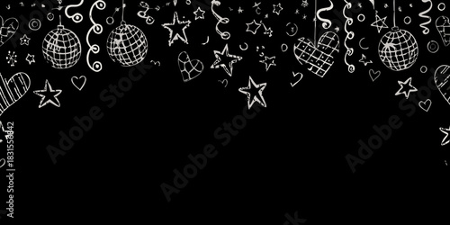 Hand drawn party decoration border with disco balls stars and hearts