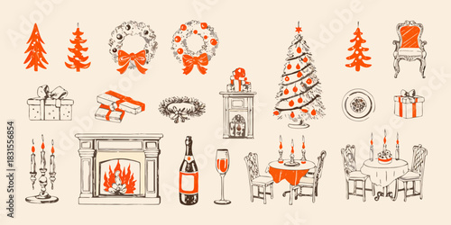 Hand drawn christmas and new year holiday elements set