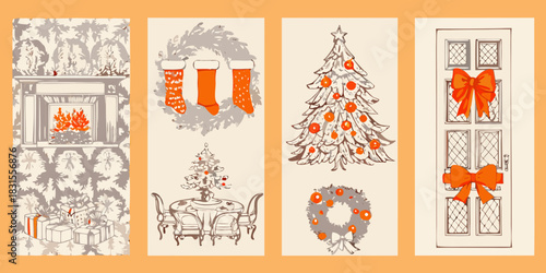 Elegant christmas and holiday illustrations of fireplace tree door and table
